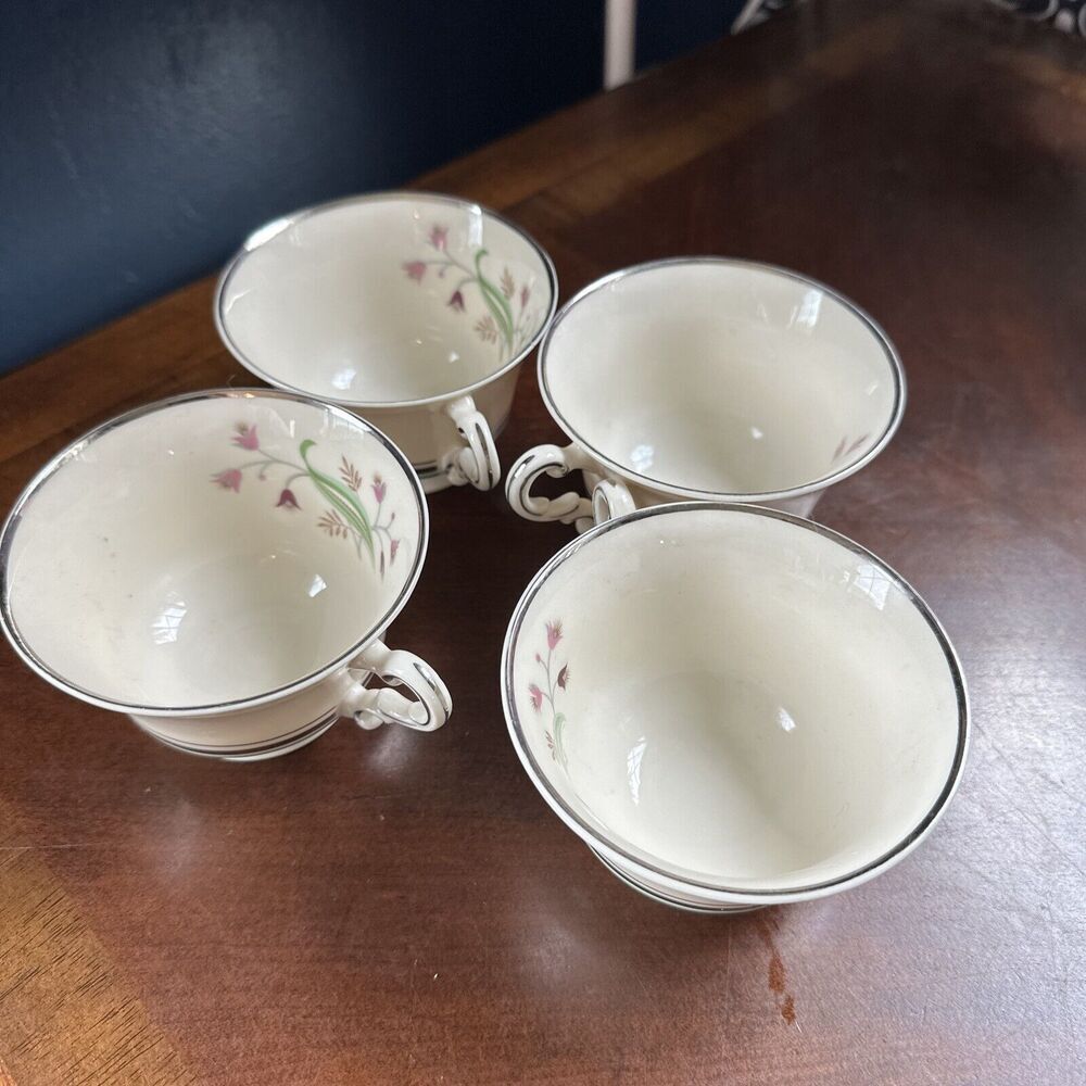 Set of 4 Syracuse China Coralbel Tea Cups in Old Ivory Silver Edge Pink READ